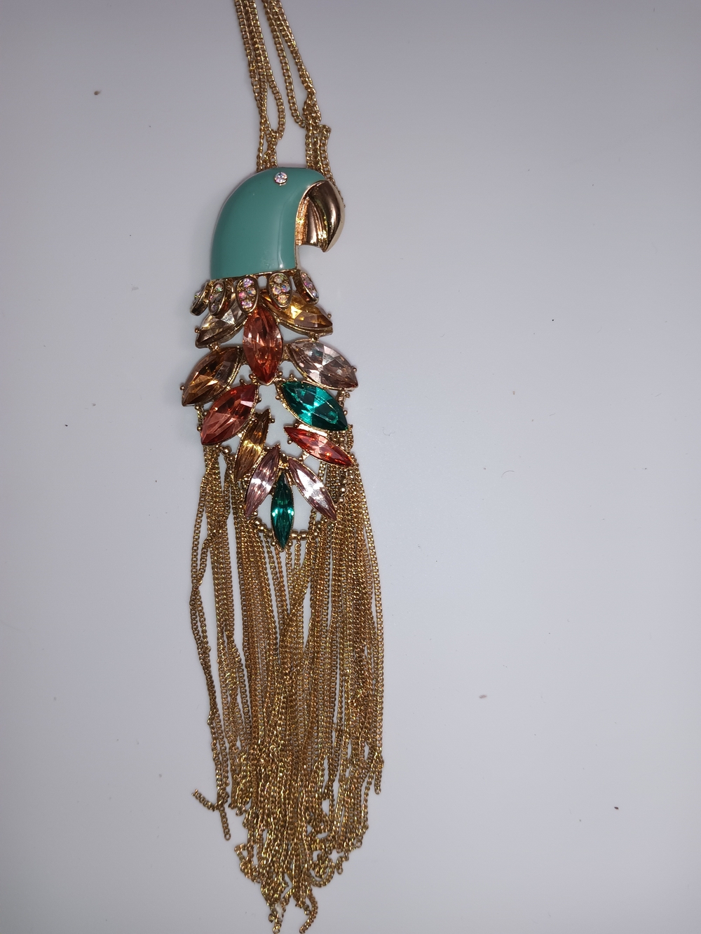 Gold Tassel Parrot Pendant Necklace with Mint and Multicolor Crystals